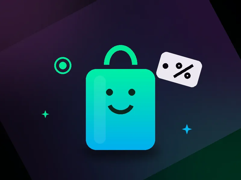 Ilustração de sacola de compras com etiqueta de desconto — e-commerce Kode Studio